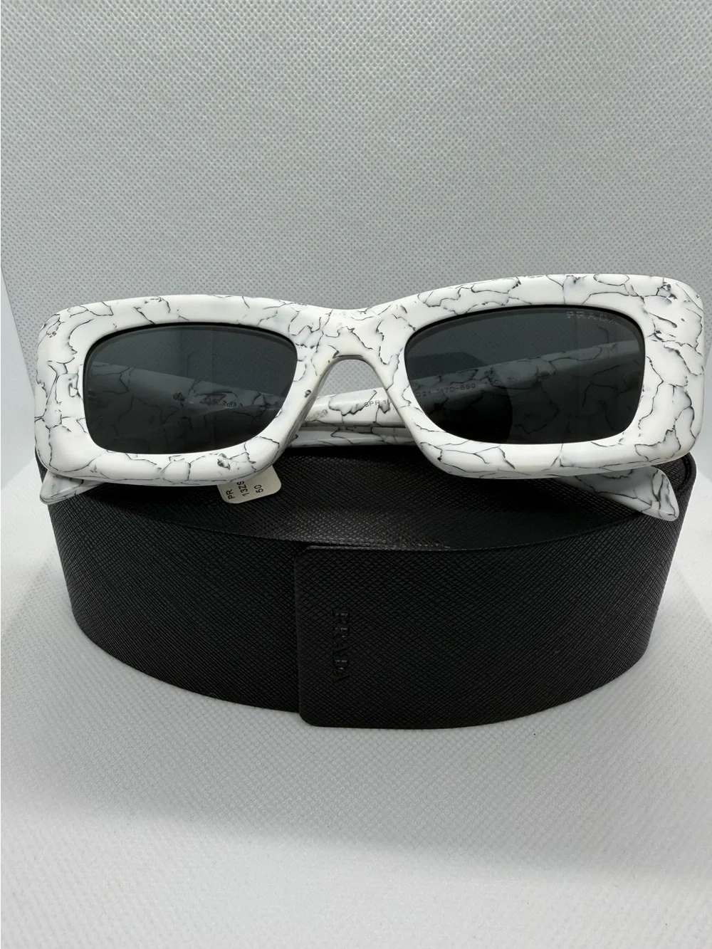 Prada White Marble Rectangular Sunglasses with Dark Lenses